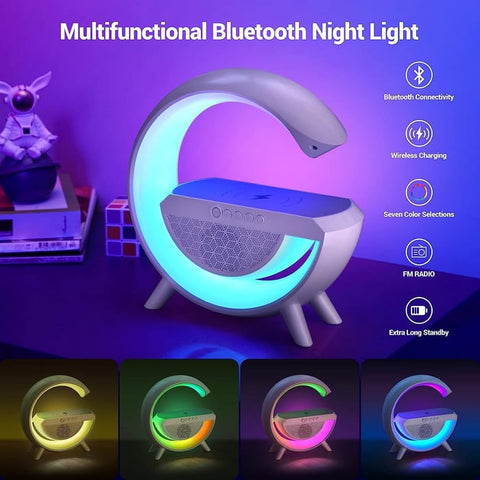 G Shape Google LED Wireless Charging  RGB Bluetooth Speaker Clock and Rechargeable Table  Lamp(All in one Machine)