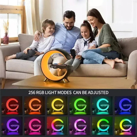 G Shape Google LED Wireless Charging  RGB Bluetooth Speaker Clock and Rechargeable Table  Lamp(All in one Machine)