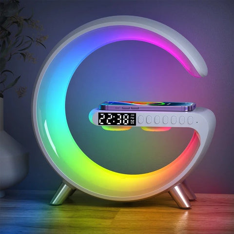 G Shape Google LED Wireless Charging  RGB Bluetooth Speaker Clock and Rechargeable Table  Lamp(All in one Machine)